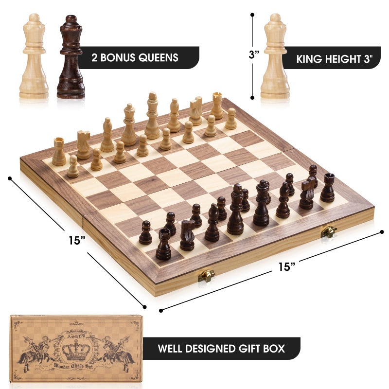 ASNEY Upgraded Magnetic Chess Set, 15" Tournament Staunton Wooden Chess Board Game Set with Magnets, Crafted Chesspiece ans Storage Slots for Kids Adult, Includes Extra Queens - Image 3
